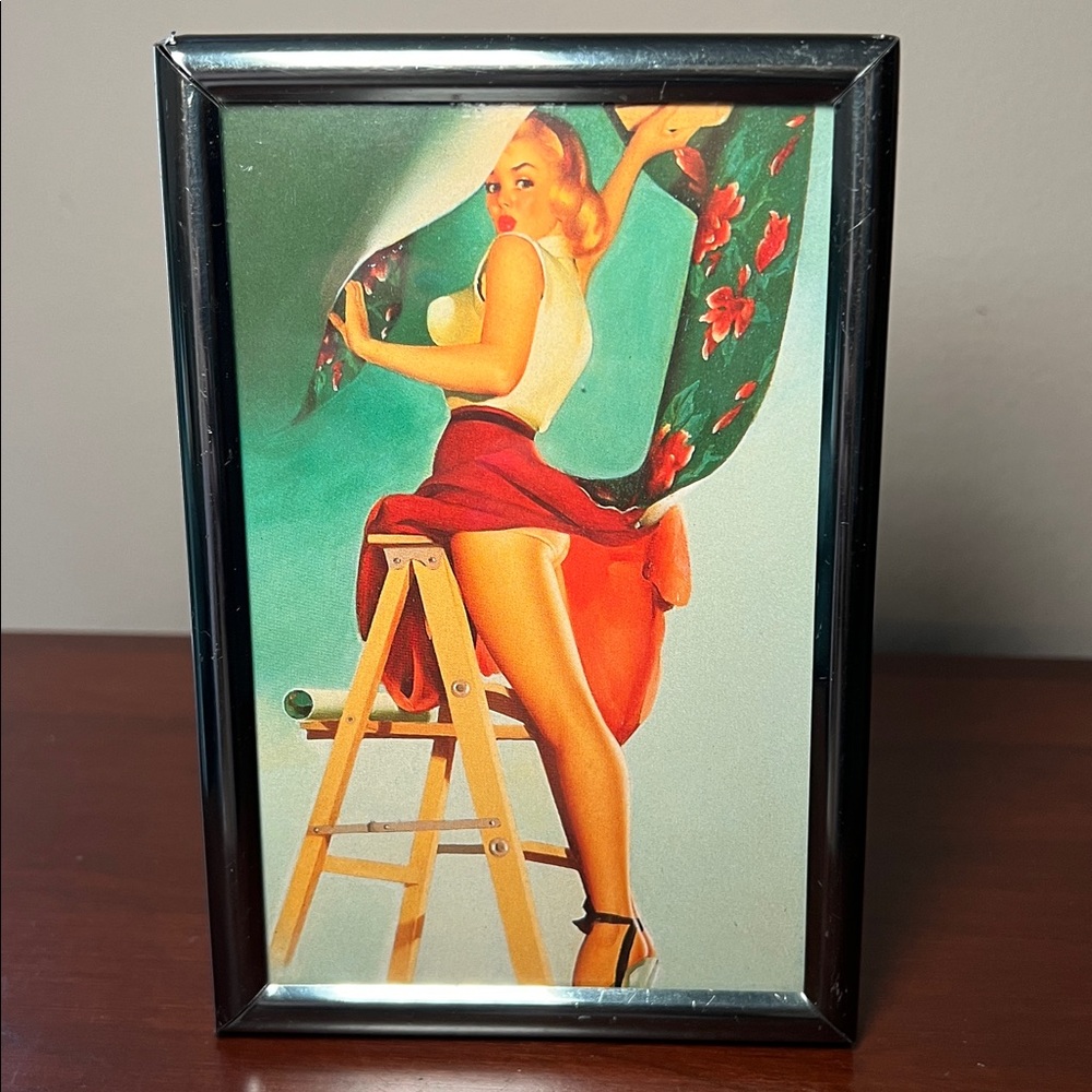 Vintage Edward Runci Pinup Girl Silver Framed Art